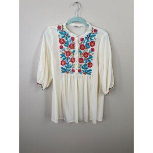 Max Womens Ivory Embroidered Rayon Tunic Top XL Rayon Floral Design Scoop Neck